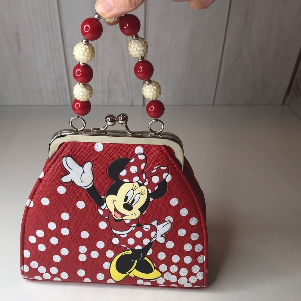 Disney parks Minnie Mouse cute small handbag purse beaded Polka Dots Red Bow EUC